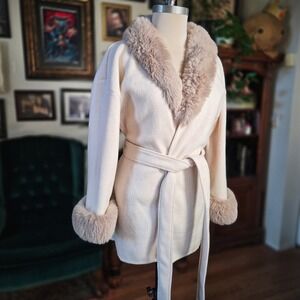 Northern Angel Faux Fur Trim Wrap Coat Cream Belted Jacket Soft Glam S/M Luxury
